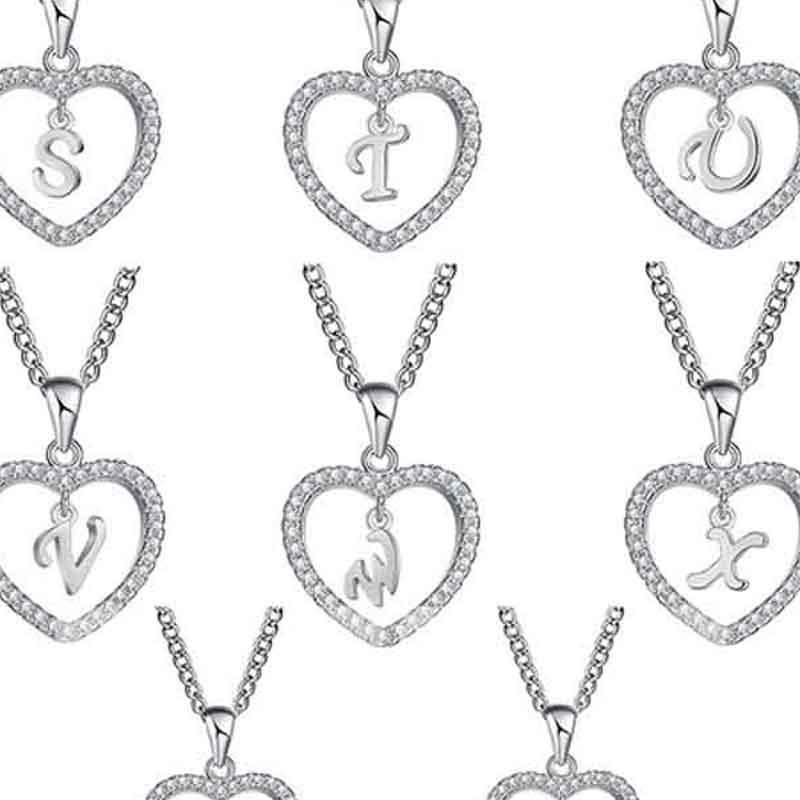 Heart Letters 26 Love Crystal Women Silver Plated Chain Jewelry Necklace
