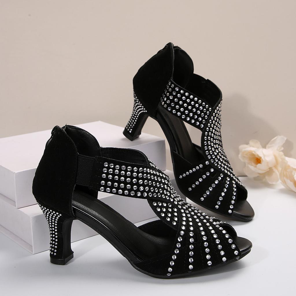 Rhinestone Women High Heel Sandals Peep Toe Back Zip Women's Party Dance Shoes Black Summer Outwear Sandalias De Mujer Size36 43