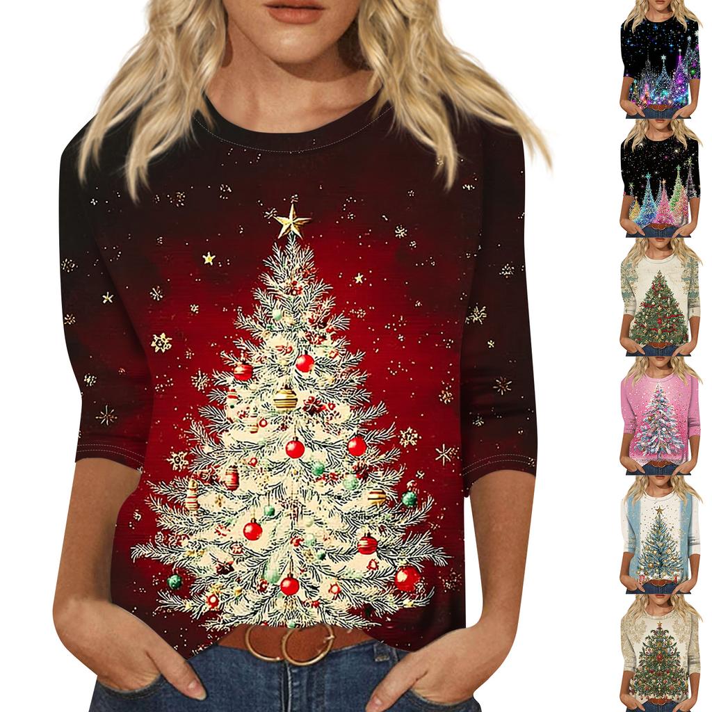 Mote Casual Rund Hals 3/4 Erme Løs Trykket T-skjorte Dame Topp