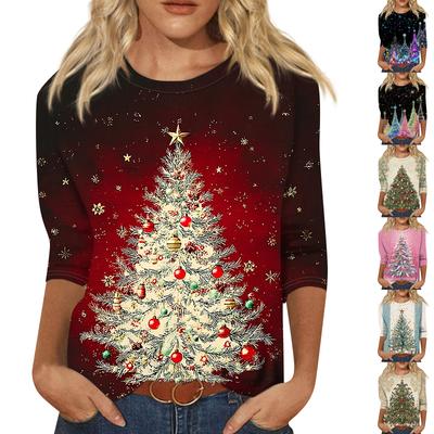 Women's Fashion Casual Round Neck 3/4 Sleeve Loose  Printed T-Shirt Ladies Top