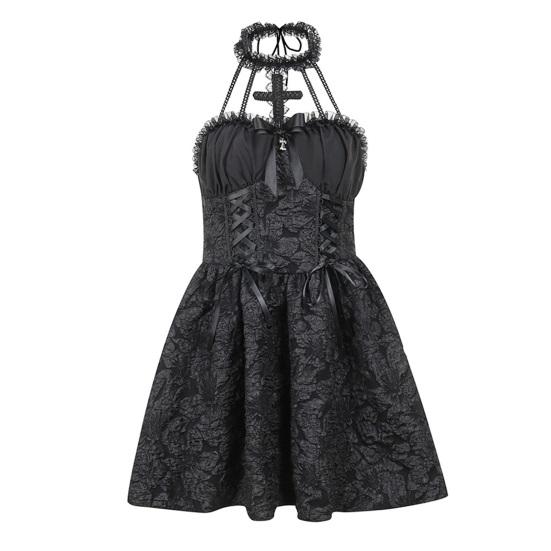 Women's Sleeveless Gothic Lace Dress Vintage Corset Halter Swing Cocktail Dress Victorian Style Black Lolita Punk Dress