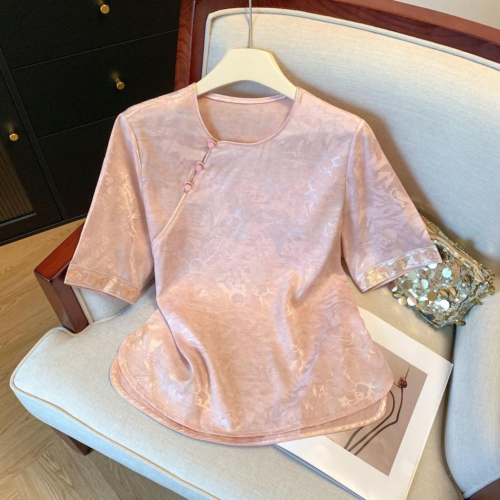 Chinese button retro printing round neck short sleeve 2025 summer new shirt temperament shirt top