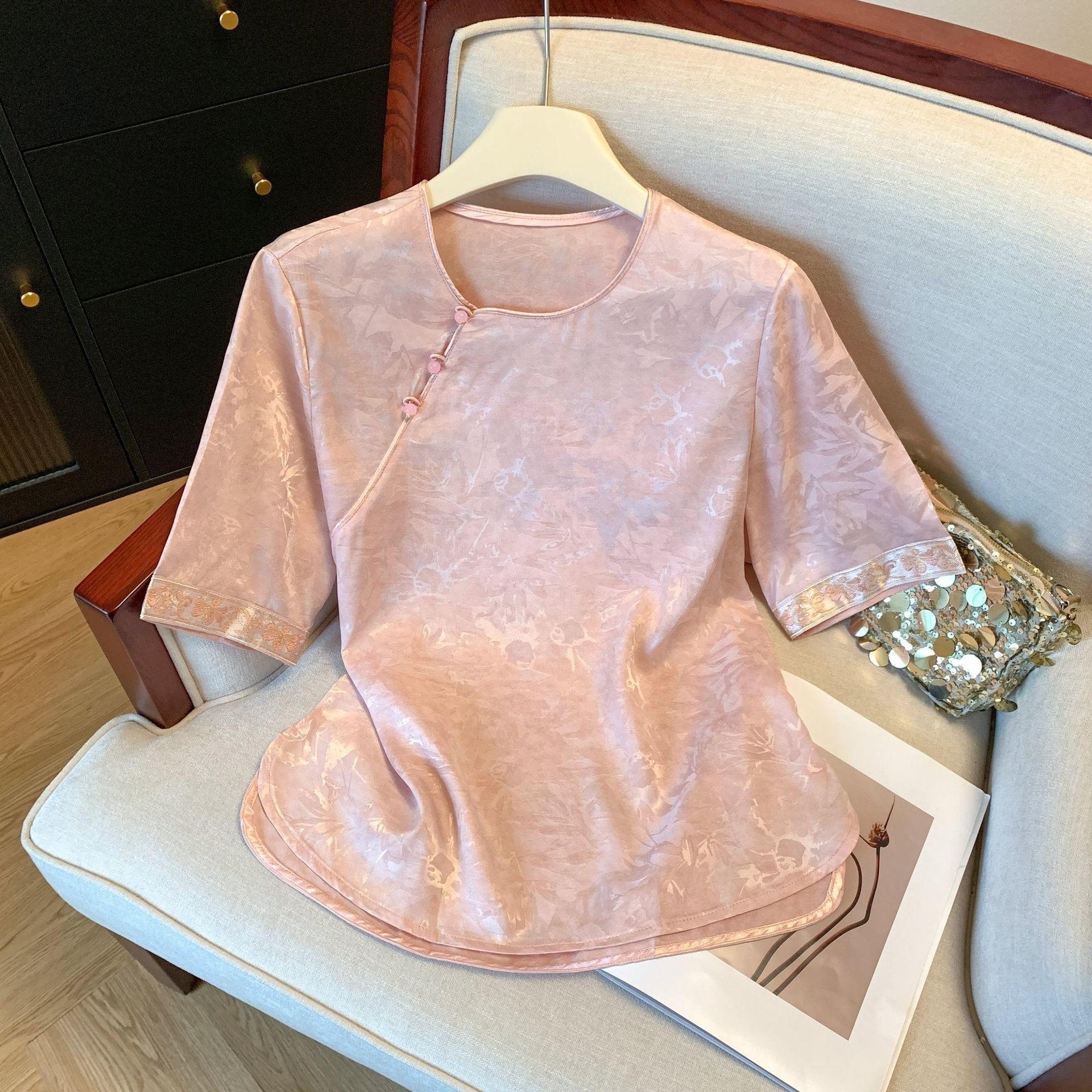 

Китайская пуговица ретро принт круглый вырез короткий рукав 2025 лето новая рубашка темпераментная рубашка топ 3XL (recommended 138-75kg) розовый