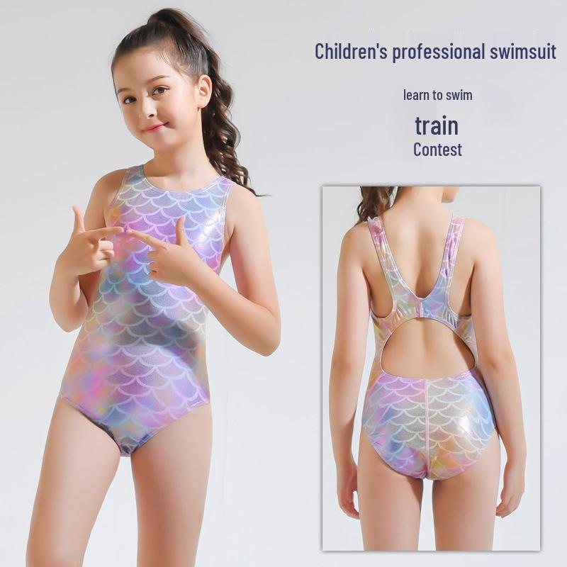 

Girls Cute Fish Scale One-Piece Swimsuit for Swim Training S
