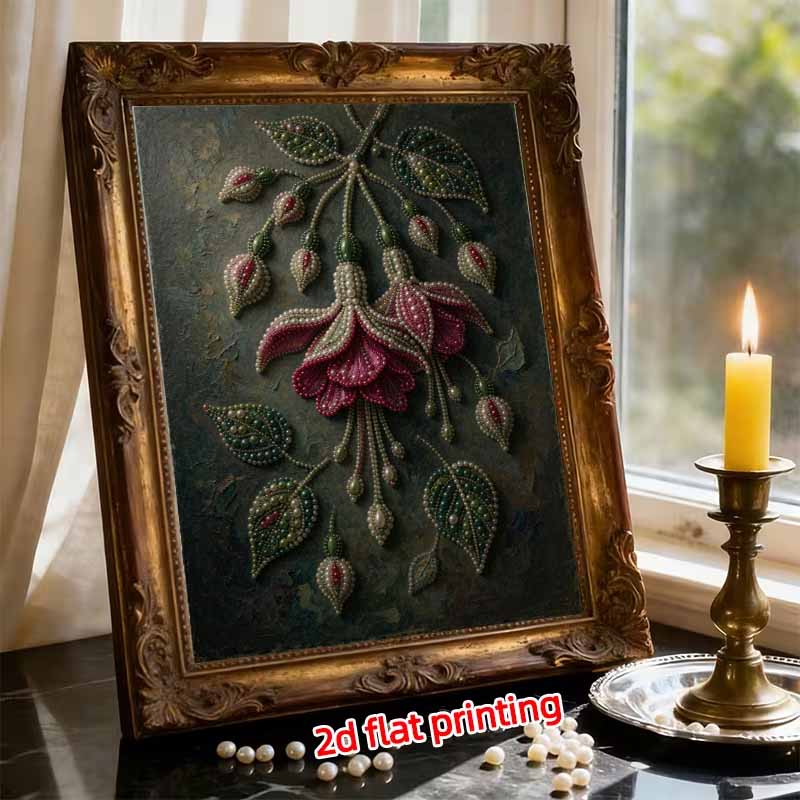 Fuchsia Flower and Leaves Pattern 5D Pearl Painting Kit with Frame DIY Sparkling Bead Canvas Art Relaxing Craft for Home Decor