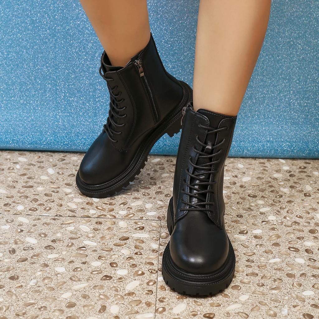 Winter Solid Color Elegant Lace Up Casual Mid-tube Boots Fashionable Newstyle Comfortable Wear-resistant Anti Slip Women's Boots