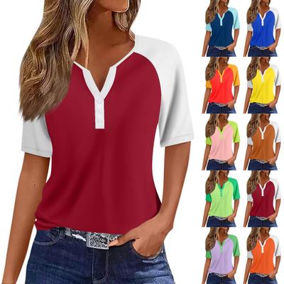 Damen T-Shirt mit Aufdruck, Knopfleiste, Raglan-Ärmel, für den Alltag, Wochenende, modisch, Basic, V-Ausschnitt, normales Oberteil