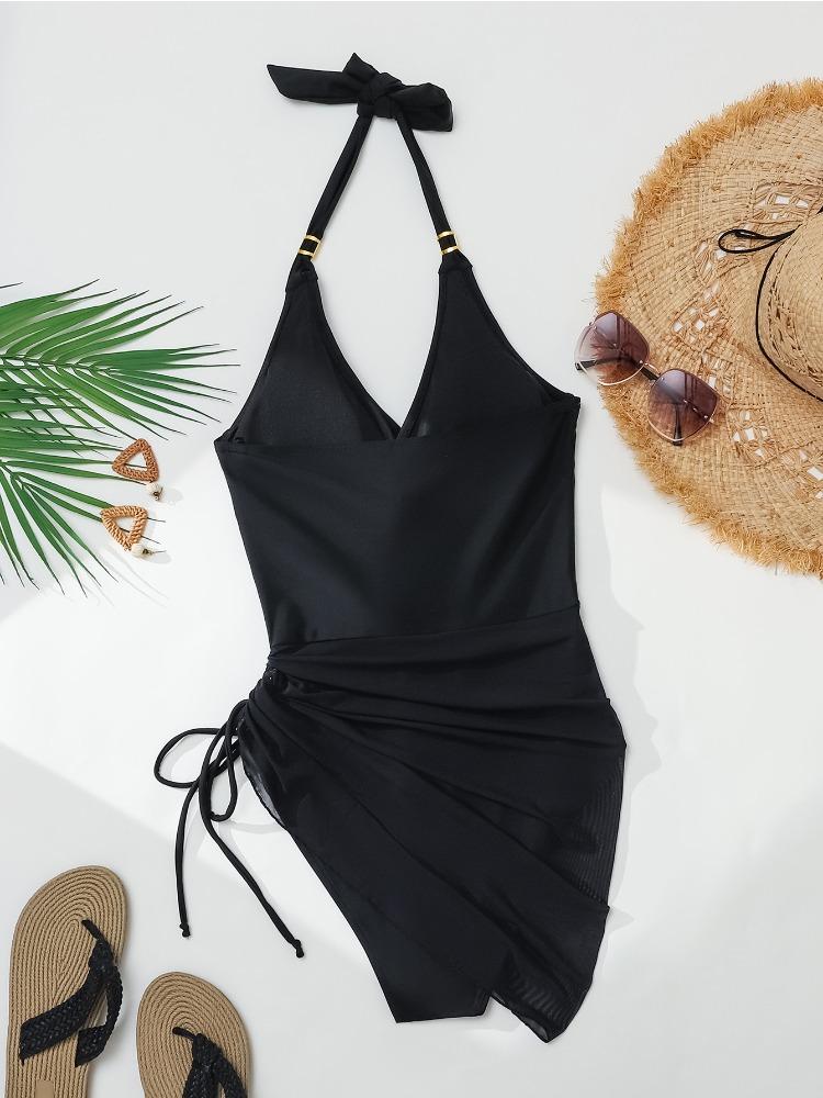 

Mesh Splice Drawstring Sexy Slim Fit One Piece Bikini Swimsuit Women Fashion Beach Vacation Elegant Wear XL