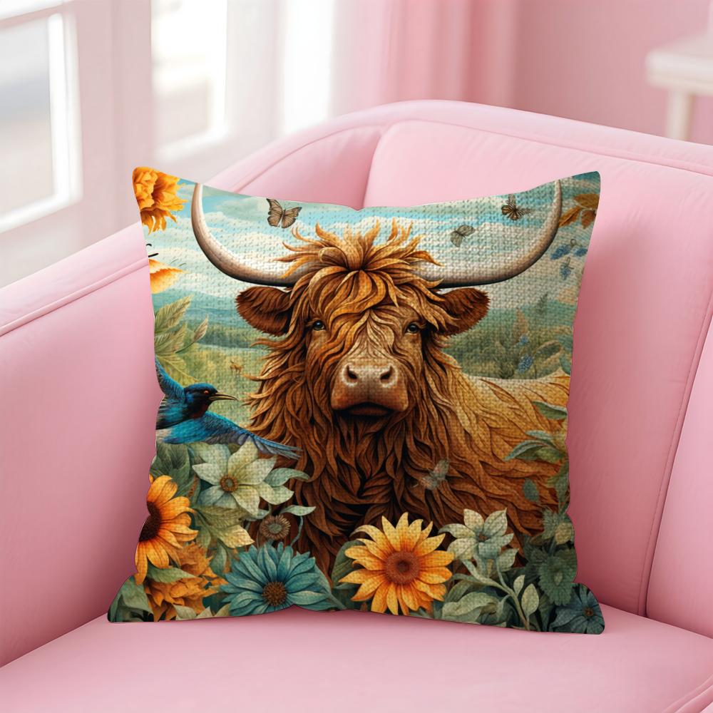 Highland Cow Pattern Cushion Cover Natural Linen Pillow Case DoubleSided Print Decorative Sofa Pillowcase Home Decor Gift