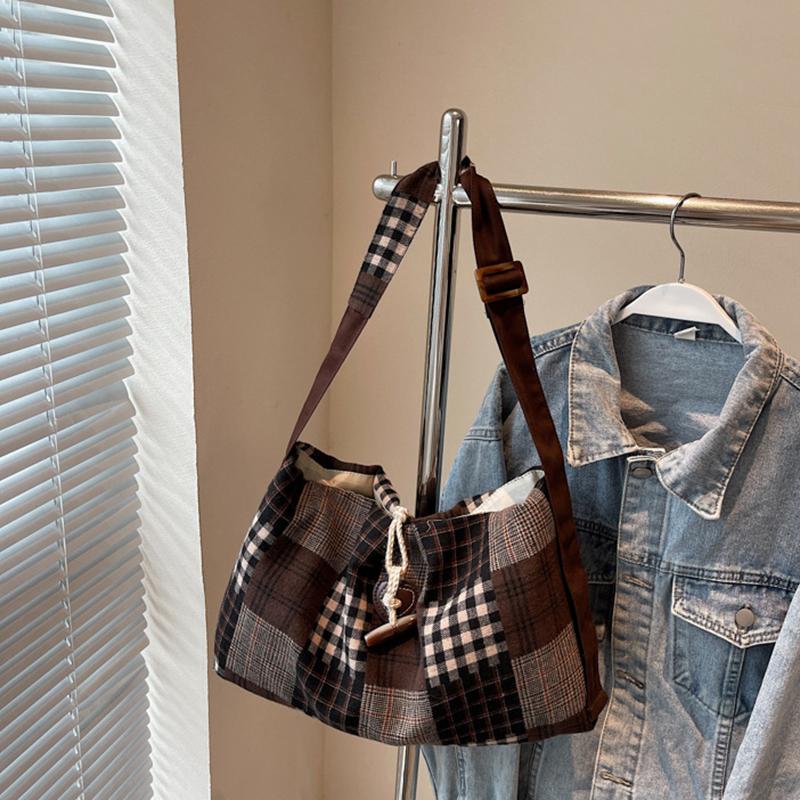 Large Capacity Messenger Bag Casual and Lightweight Plaid Design with Adjustable Shoulder Straps Fashionable Shoulder Bag KTB