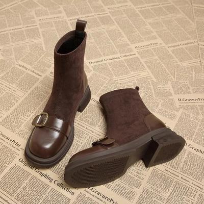 Winter 2024 Neue Damen Stiefeletten Mode Runde Zehenpartie Damen Baumwolle Kurze Stiefeletten Elegant Quadratischer Flacher Absatz Damen Schuhe
