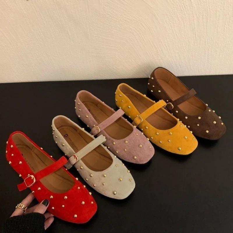 Damen flache Schuhe Retro Nieten Freizeit Schuhe Komfort Weicher Boden Ballerinas Wildleder Freizeit flache Schuhe Klassische Mary Jane flache Schuhe Zapatos Mujer