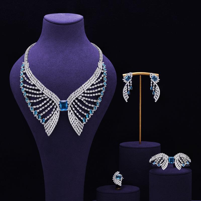 Modischer und umweltfreundlicher Zirkon-Halsketten-Ohrring-Set mit Kupferintarsien, 4-teiliges Bankett-Hochzeits-Accessoire