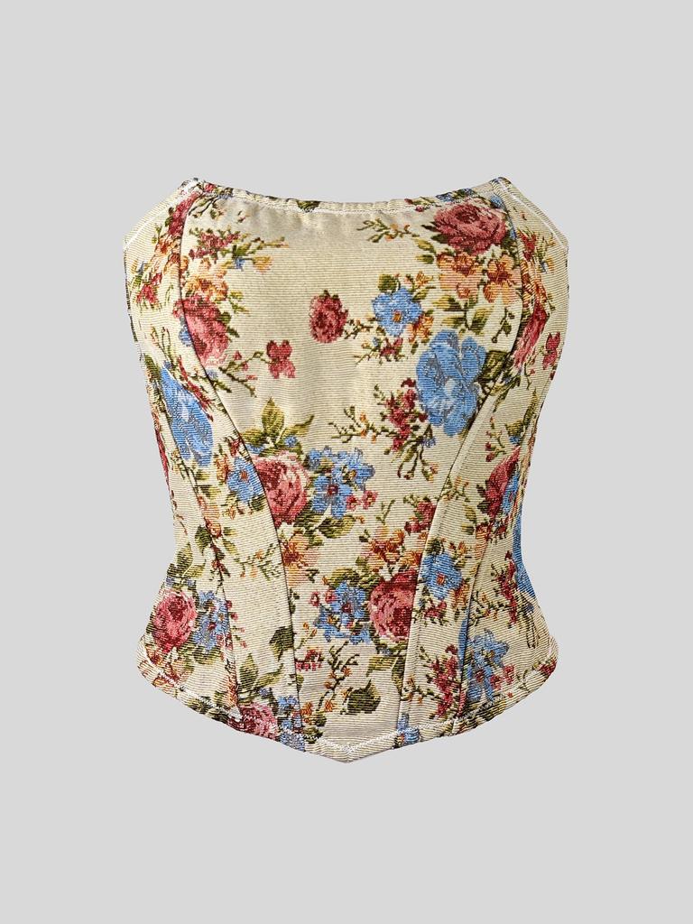 Summer Retro Floral Print Bandeau Top - Fishbone Style