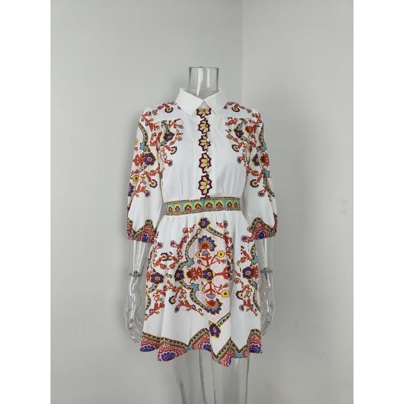 Frühling Damenmode V-Ausschnitt Laterne Ärmel Temperament Druck Taille Schlanke Kleider