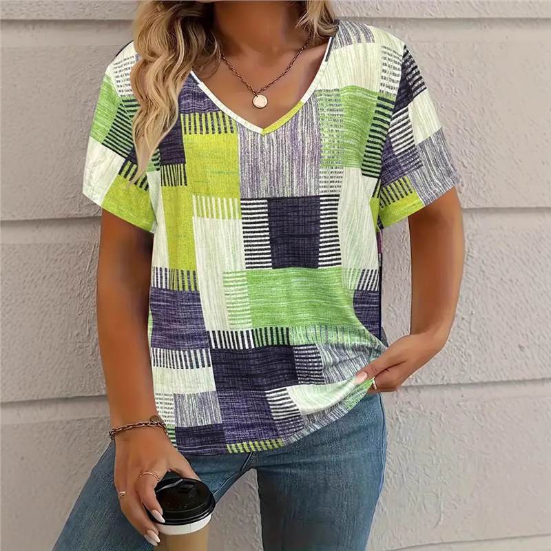Summer V-neck 3D Square Stripe Printed Top Fashionable Casual Short Sleeved Women's T-shirts