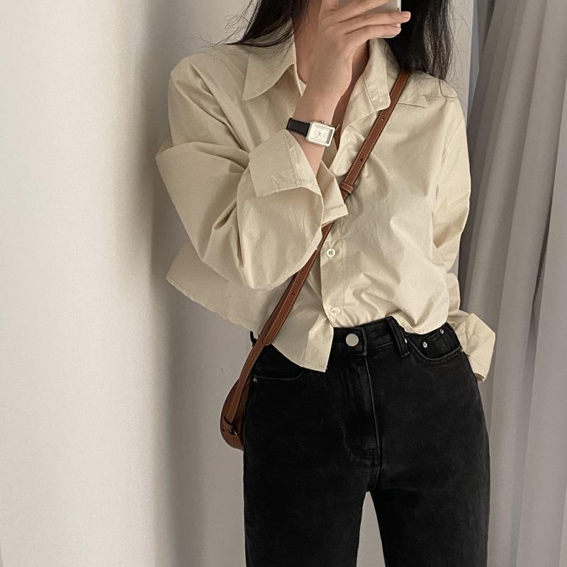 Simple Casual Basic Shirt Design Sense Short Lapel Commuter Loose Shirt Long-sleeved Top Women