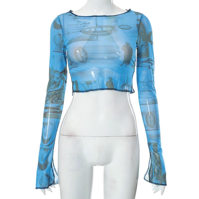 Dámské ležérní tričko s dlouhým rukávem Móda Potisk Síťovaná příze Odhalený topy s pupíkem