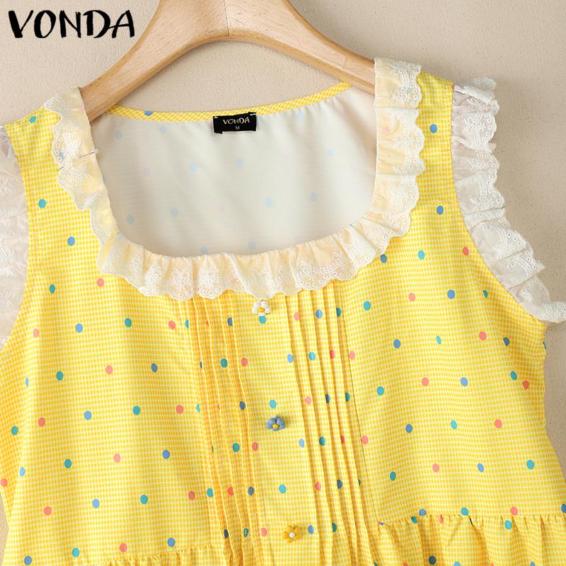 VONDA Women Lace Patchwork Sleeveless Plaid Polka Dots Casual Tank Tops
