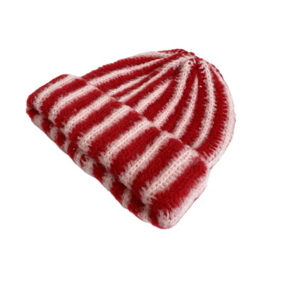 

Зимняя вязаная шапка пэчворк цветная в полоску принт мягкая на ощупь дышащая без полей шапка для активного отдыха шапка-пуловер красный