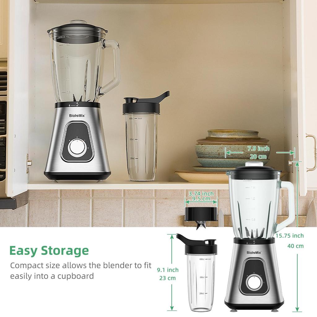 BioloMix SF701 2-in-1 Countertop Blender, 1.5L Glass Jug, 600ml Portable Bottle
