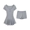 [Dress + Shorts] Pure waist pleated skirt short-sleeved dress high waist bottoming shorts two-piece set