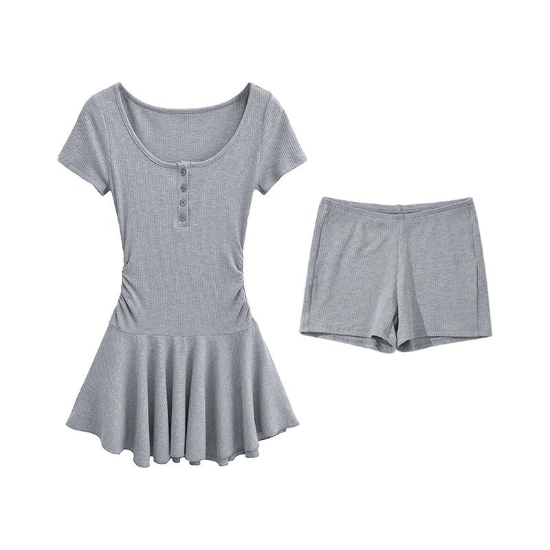 [Dress + Shorts] Pure waist pleated skirt short-sleeved dress high waist bottoming shorts two-piece set