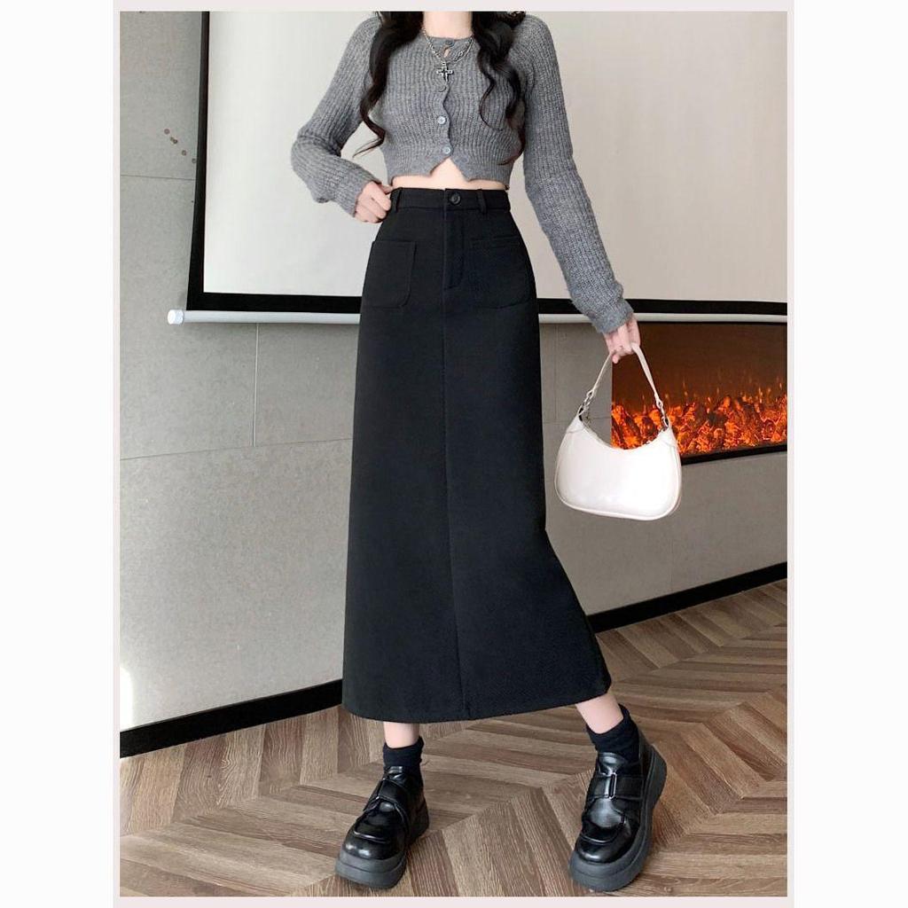 2025 Autumn/Winter Woolen High-Waisted Slimming Straight Midi Skirt with Slit