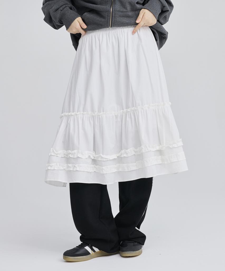 Awesome Studio Frill Shirred Tiered Midi Skirt White
