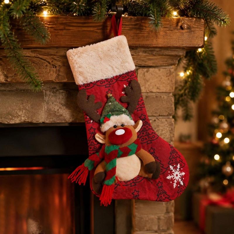 Polyester Christmas Stocking Decoration with Integrated Loop, Raised Holiday Character, Tree Print and Small Bell Feature
