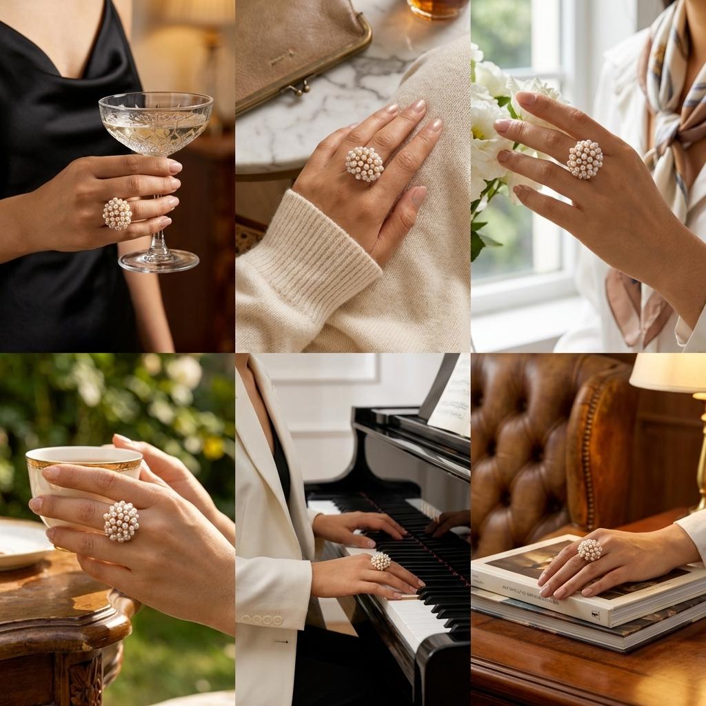 Elegant Vintage Clustered Pearl Ring For Women Hollow Dome Design Imitation Pearl Finger Rings Wedding Banquet Luxury Jewelry