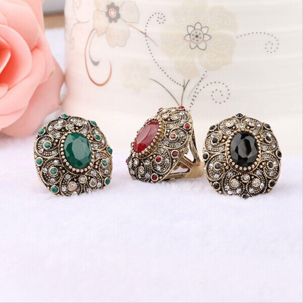 Jewelry Mosaic Resin Crystal Antique Rings Oval Shaped Ancient Gold Plated