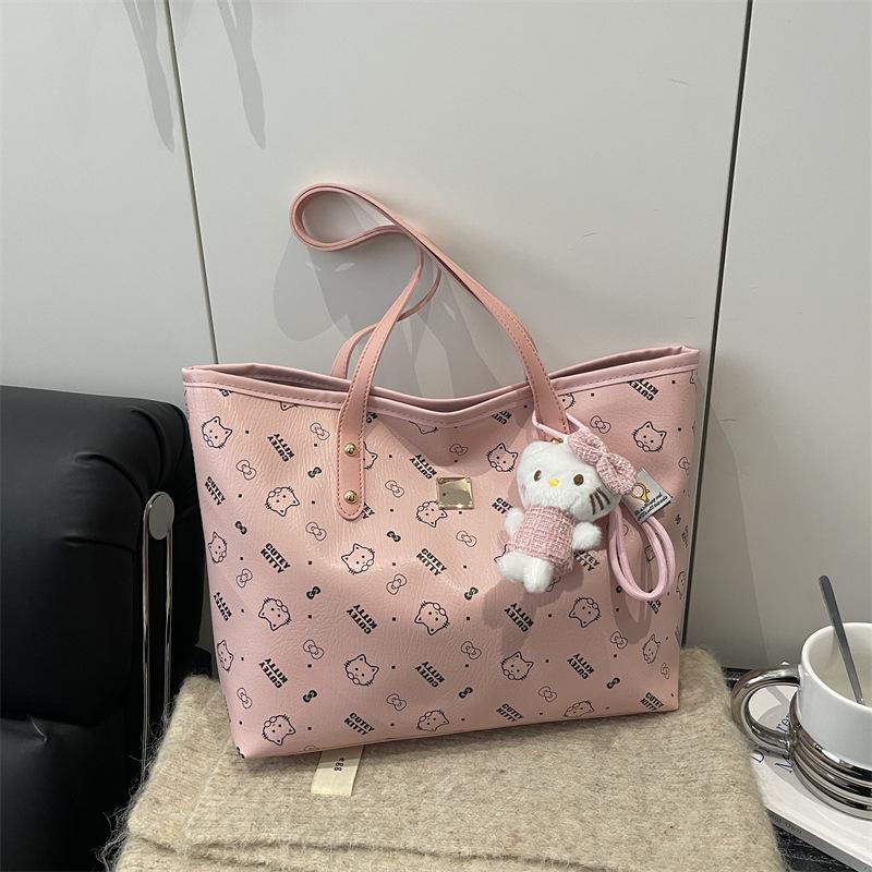 

Retro cat cat head print winter new fashion texture versatile simple shoulder portable tote bag without pendant рожевий
