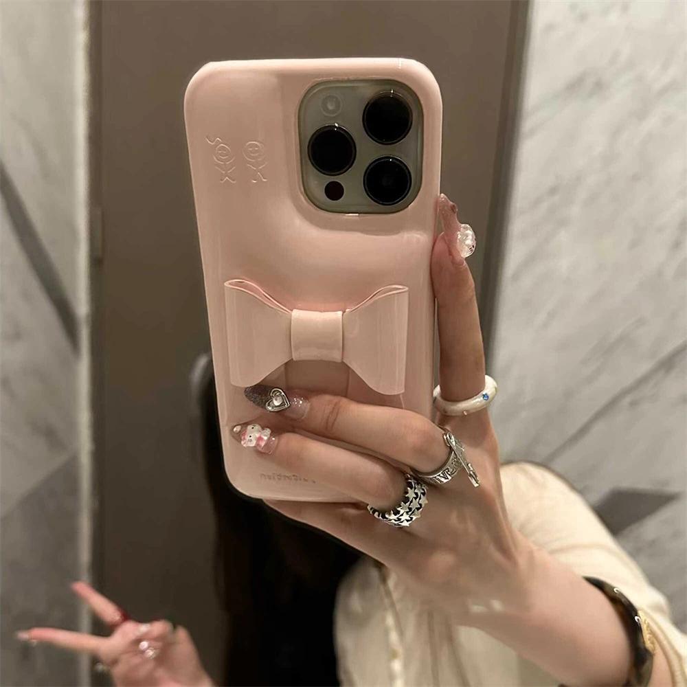 INS Korean Vintage Red 3D Bowknot Leather Phone Case For iPhone 17 16 15 14 13 12 Pro Max Creative Glossy Soap Soft Cover