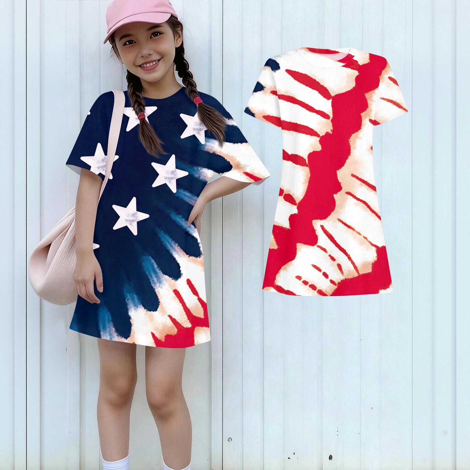 Girls Independence Day Print Casual Dress Kids Loose Round Neck Short Sleeve Thin Sundress 160 арбуз красный