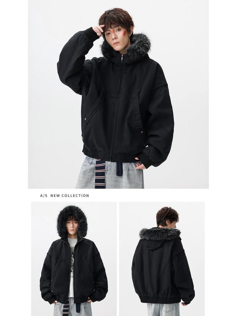 Men's Winter Retro Haute Couture Cotton Jacket with Fur Collar, Plus Velvet Thickened, Warm Outerwear.