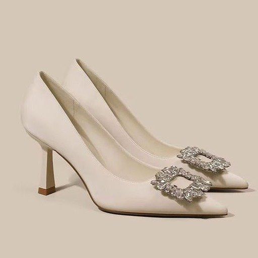 Nude celebrity patent leather temperament commuter shoes new French rhinestone square buckle versatile high heels women