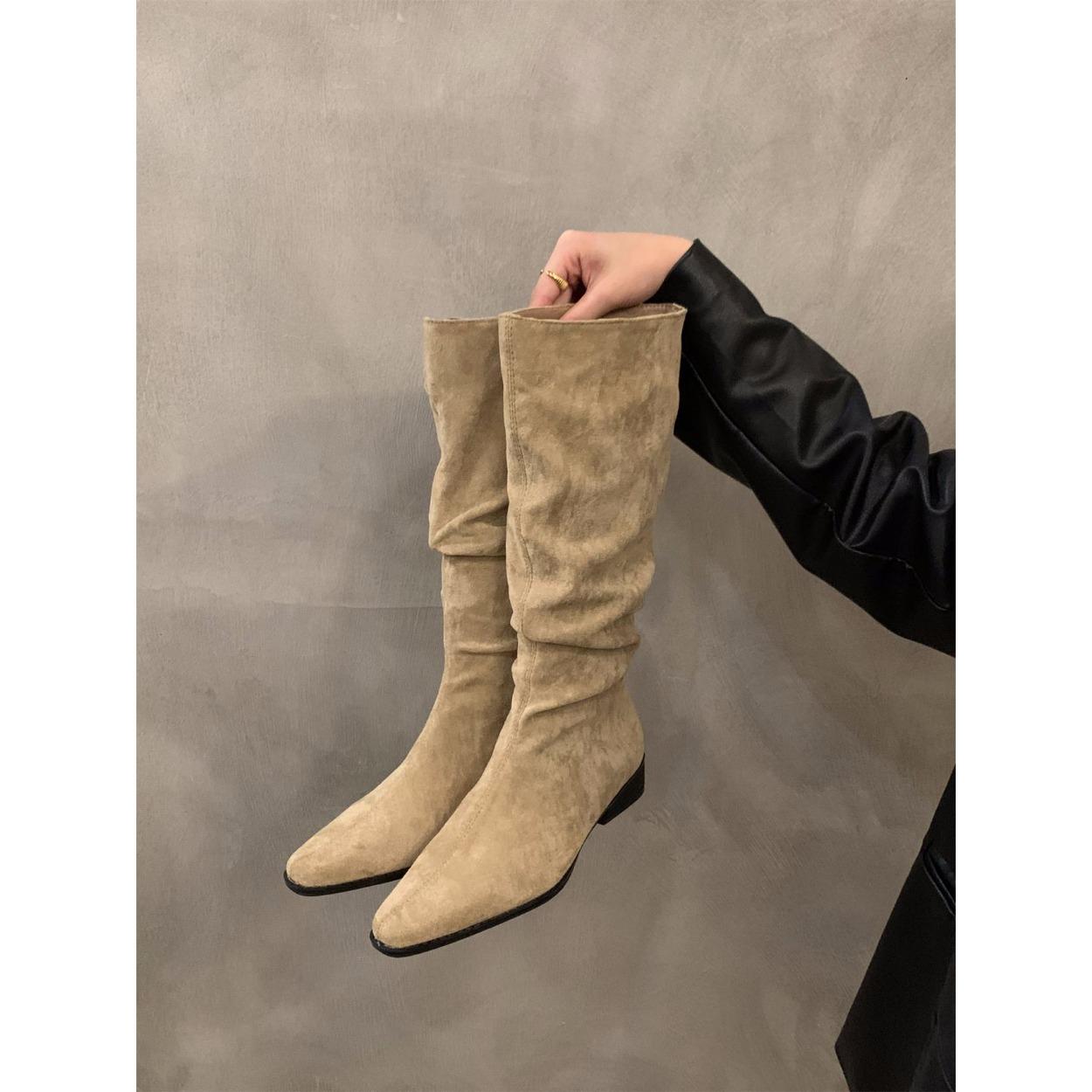 

Женские ботфорты до колена Осень Зима Женская обувь Модная женская обувь Складки Низкий каблук Острый носок Длинные сапоги 40