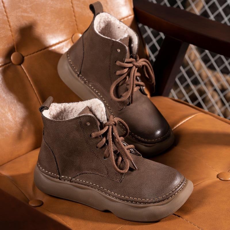 Retro kožené sametové kotníkové boty pro dámský podzim a zimu nové ručně vyráběné bavlněné a lněné větrné široká hlava šněrovací první vrstva hovězí kůže dámské boty
