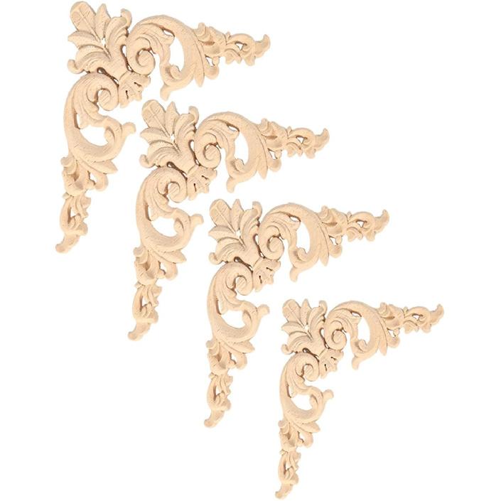 4pcs Wooden Onlay Applique for Furniture, Carved Wood Corner Decals for Mirror Bed Door Cabinet, Flower Shape Unpainted Wood Decor(12x12cm/4.7x4.7in)