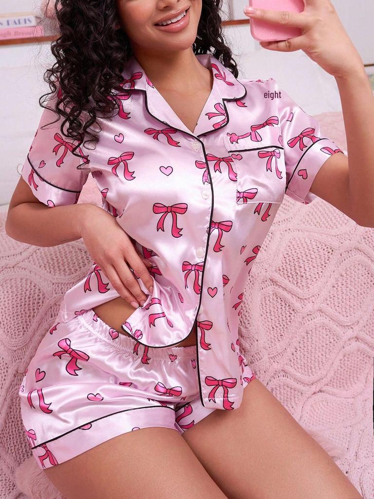Summer Ice Silk Lapel Pajama Set: Short Sleeve Cardigan & Shorts Homewear for Women