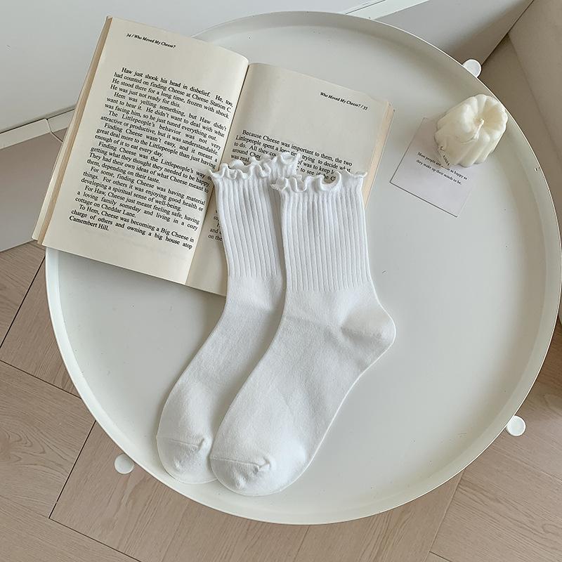 Autumn and Winter Socks for Women: Black Ear-trimmed Mid-calf Socks, Trendy and Versatile Lace Socks, Coffee-colored Pile Socks for Women