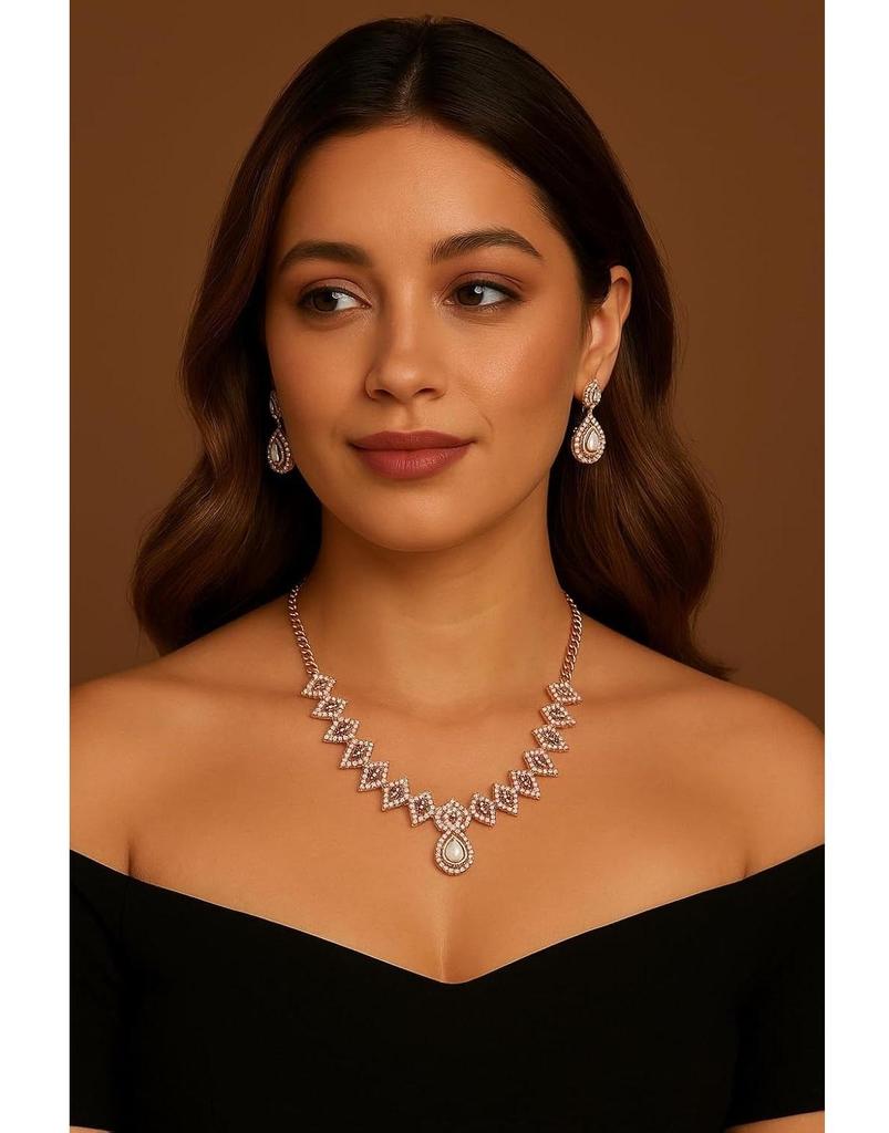 Elegantes Rosegold-Plattiertes Halsketten-Set mit Ohrringen für Damen | Braut- & Party-Modeschmuck