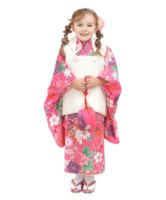 Shichigosan Mädchen Kimono schlichtes komplettes Set 753 Yumemi Pfirsich Lila [Kyoetsu] 3-jähriges Set, Hifu, Accessoires, (5. Blume, 90-100cm)