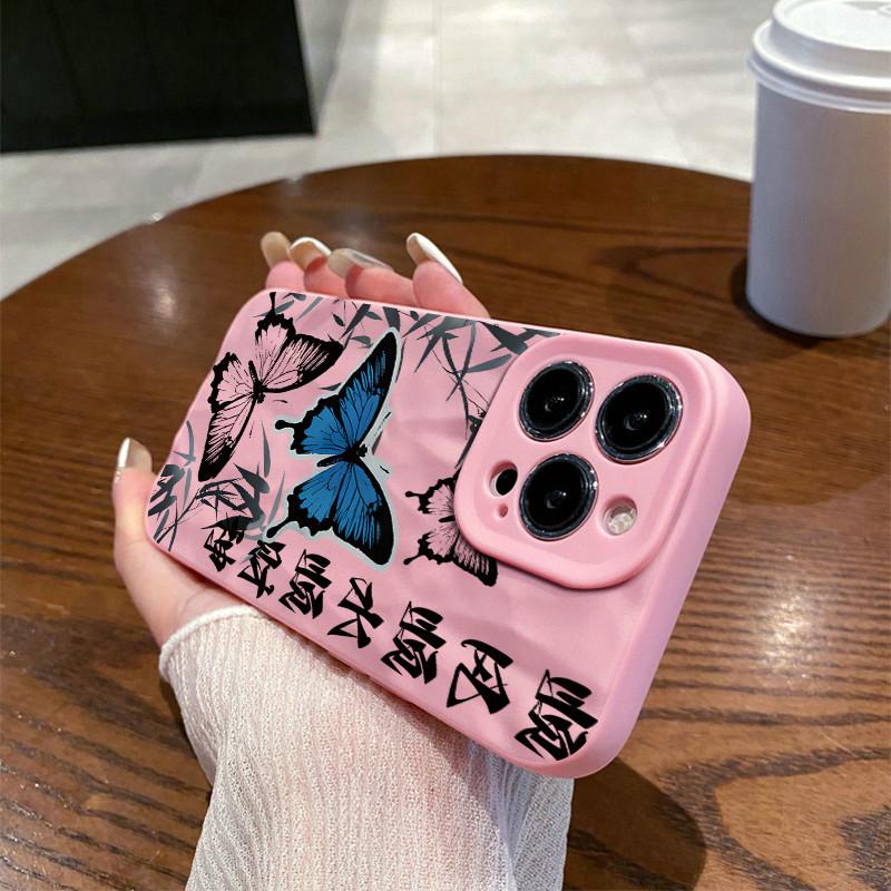 

Поверхность морщин и неровностей телефона чехол с синим принтом бабочек защитный матовый ТПУ чехол мягкий силиконовый чехол iPhone 16 Pro Max розовый