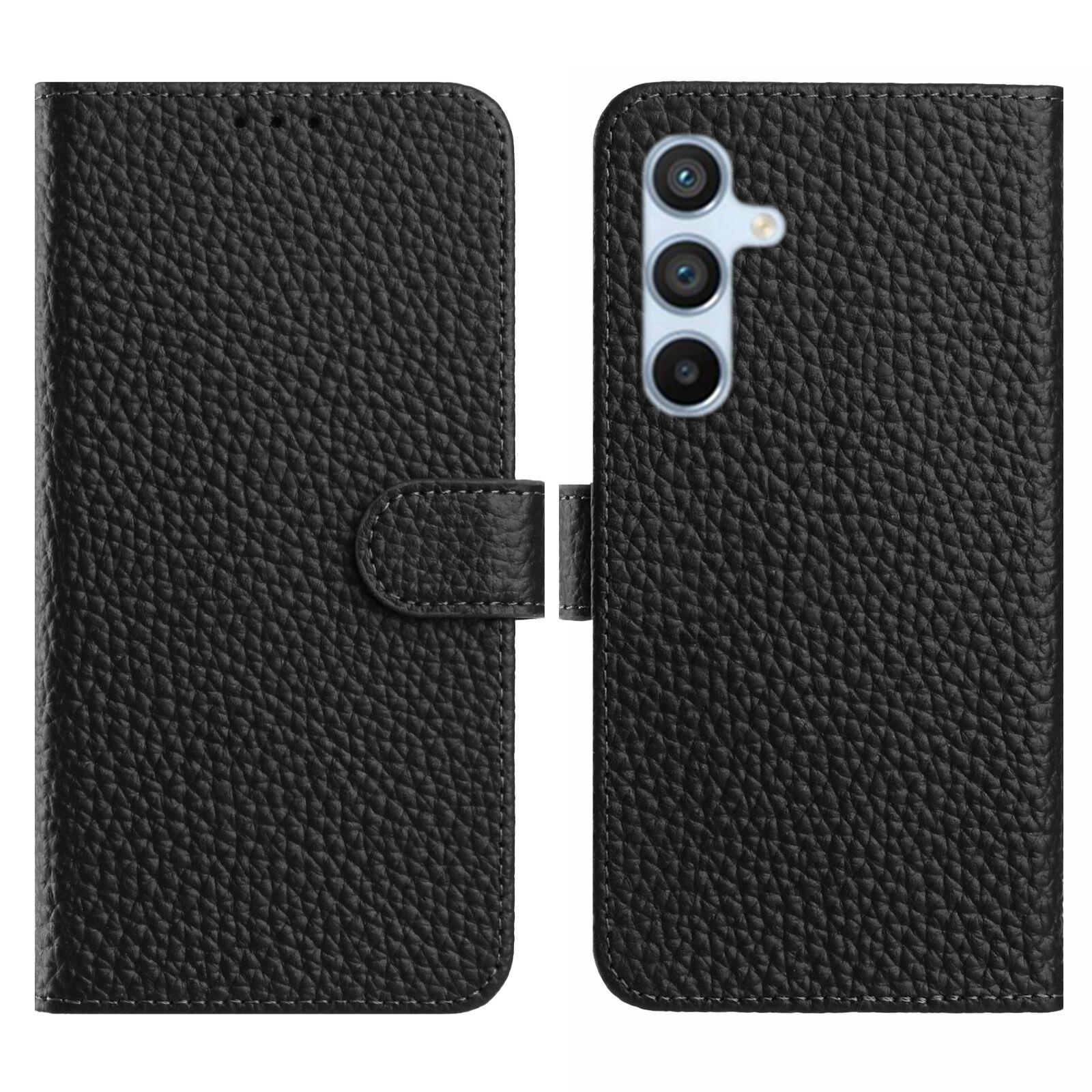 

For Samsung Galaxy A25 5G (Global) (161.0mm) Case Wallet Stand Litchi Texture Genuine Cow Leather Flip Phone Cover Black