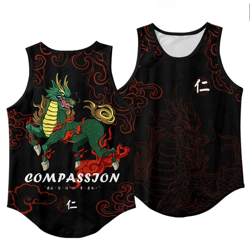 Summer Round Neck 3D Chinese Mythical Beast Printed Top Fashionable Casual Sleeveless Vest Men's T-shirts