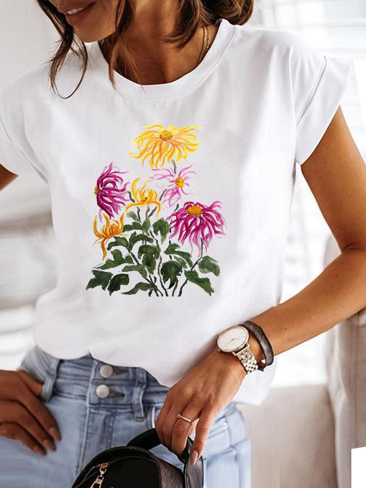 Women's Short-sleeved T-shirt, Fashionable Flower Print Bottoming Shirt