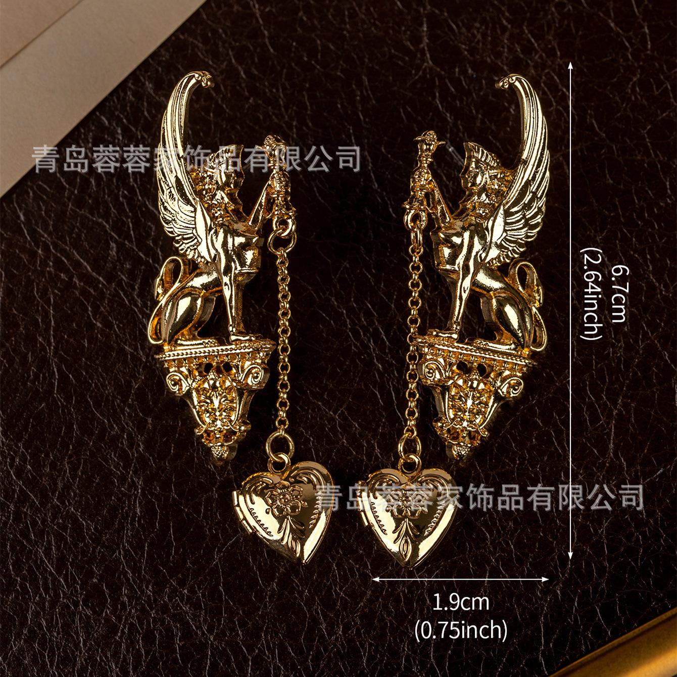 Vintage Lion Body Person Angel Love Earrings Cross Border Antique Gold Retro Court Personality Style