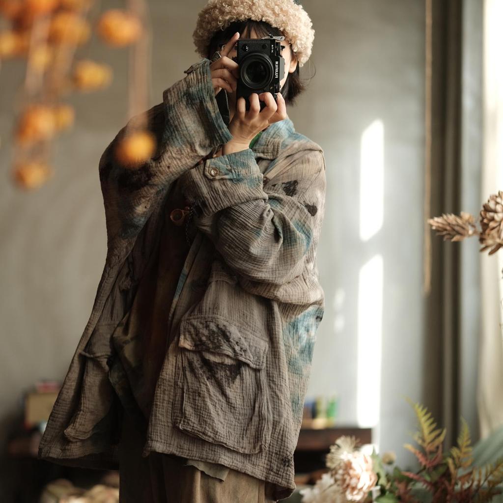 Ancient Falling Mud Light Retro Lapel Cotton-Linen Jacket with Pockets, Plant-Dyed Ash Tone